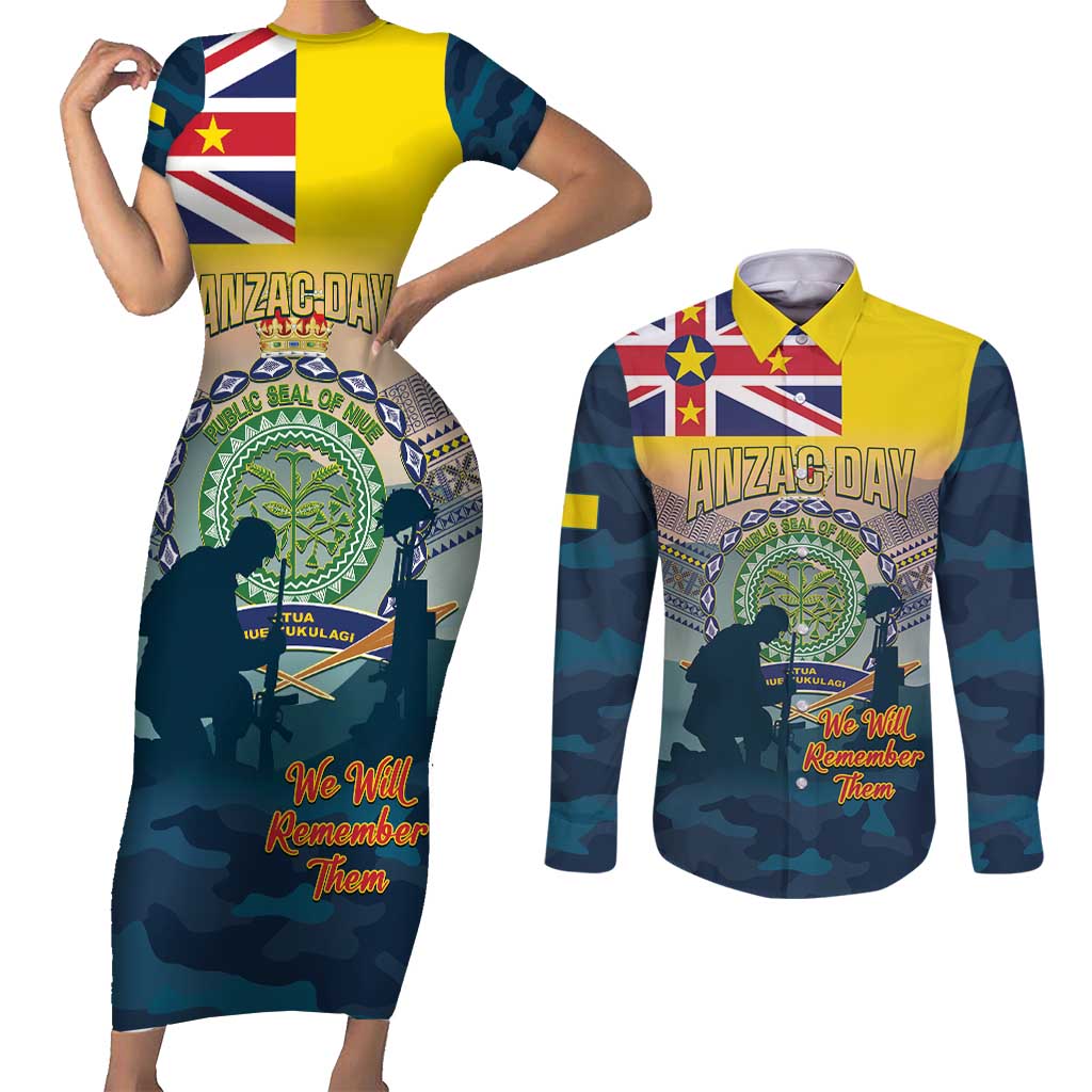 Niue ANZAC Day Couples Matching Short Sleeve Bodycon Dress and Long Sleeve Button Shirt We Will Remember Them Camouflage Style