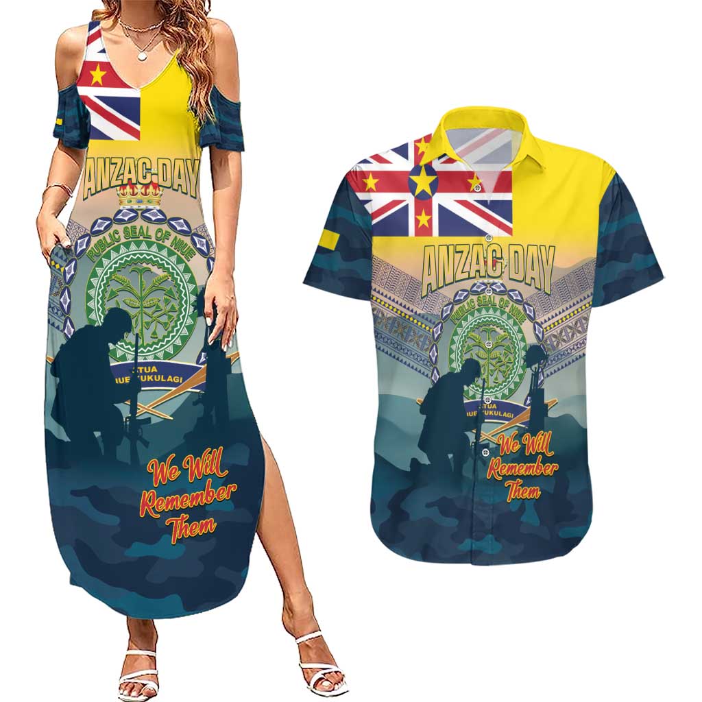 Niue ANZAC Day Couples Matching Summer Maxi Dress and Hawaiian Shirt We Will Remember Them Camouflage Style