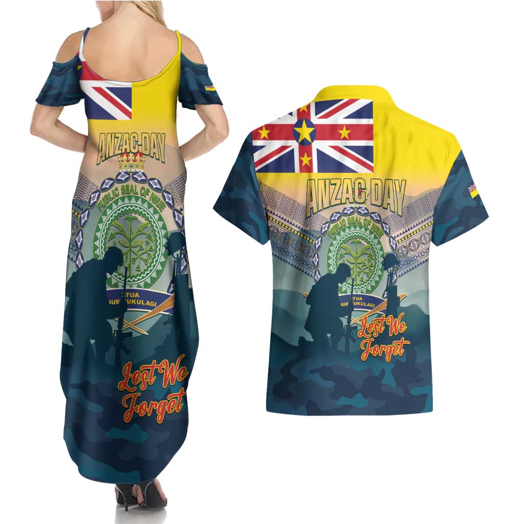Niue ANZAC Day Couples Matching Summer Maxi Dress and Hawaiian Shirt We Will Remember Them Camouflage Style