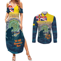 Niue ANZAC Day Couples Matching Summer Maxi Dress and Long Sleeve Button Shirt We Will Remember Them Camouflage Style