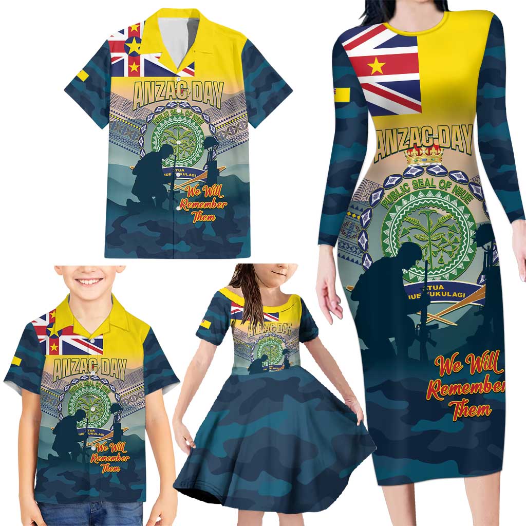 Niue ANZAC Day Family Matching Long Sleeve Bodycon Dress and Hawaiian Shirt We Will Remember Them Camouflage Style