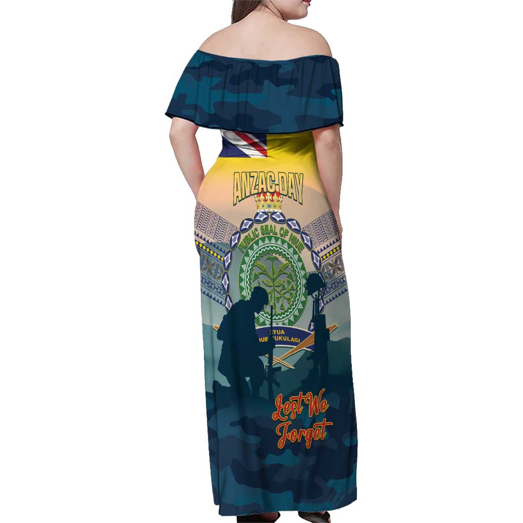 Niue ANZAC Day Family Matching Off Shoulder Maxi Dress and Hawaiian Shirt We Will Remember Them Camouflage Style