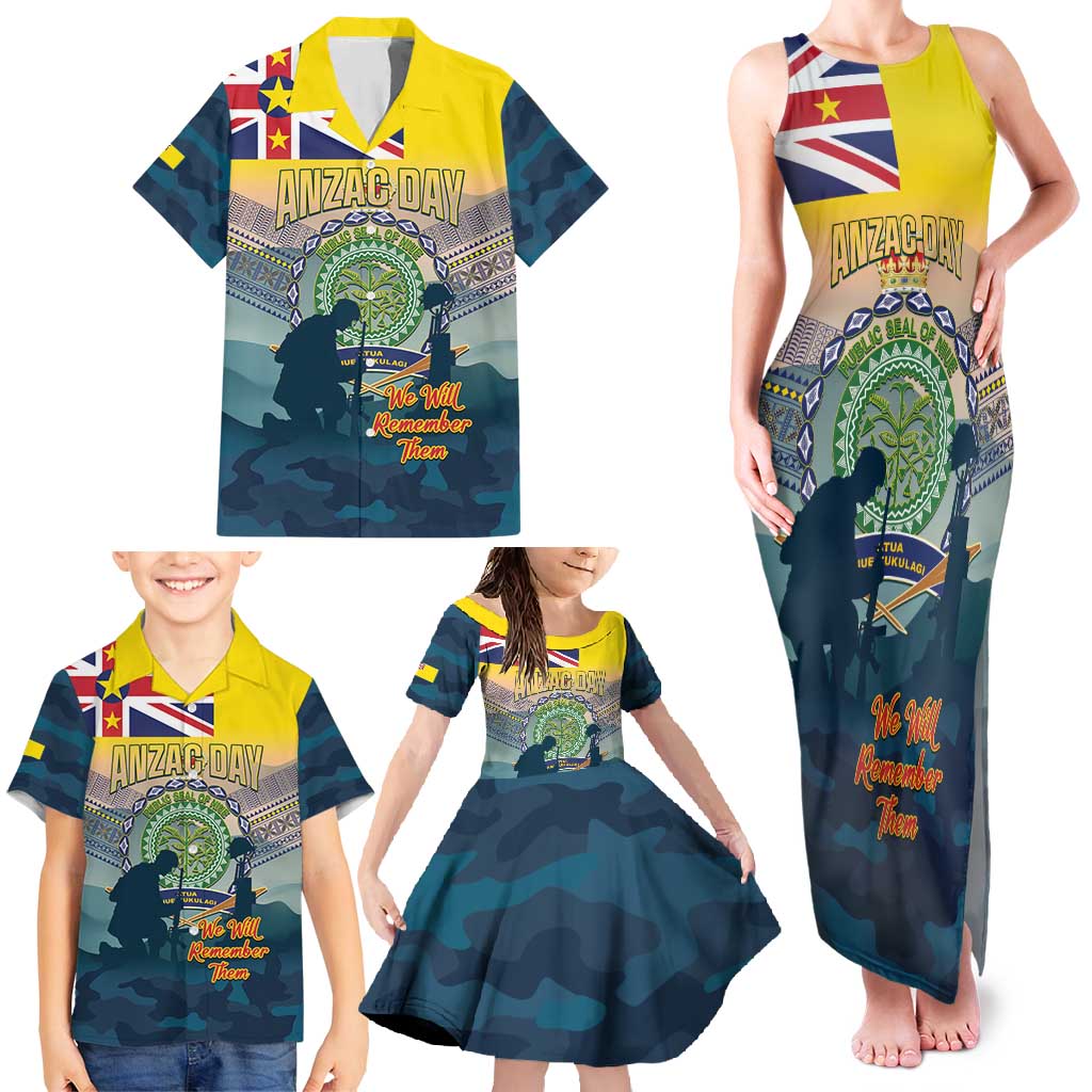 Niue ANZAC Day Family Matching Tank Maxi Dress and Hawaiian Shirt We Will Remember Them Camouflage Style