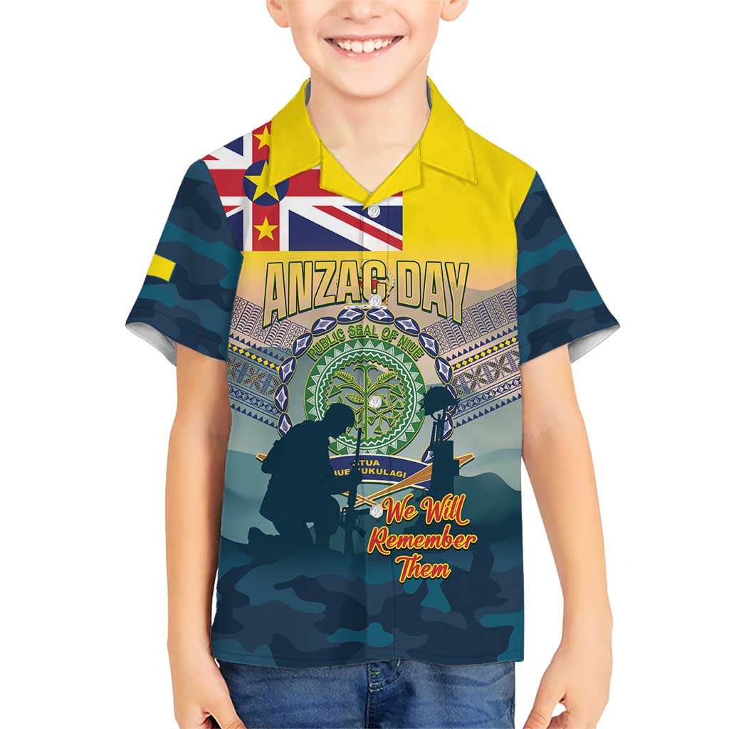 Niue ANZAC Day Kid Hawaiian Shirt We Will Remember Them Camouflage Style