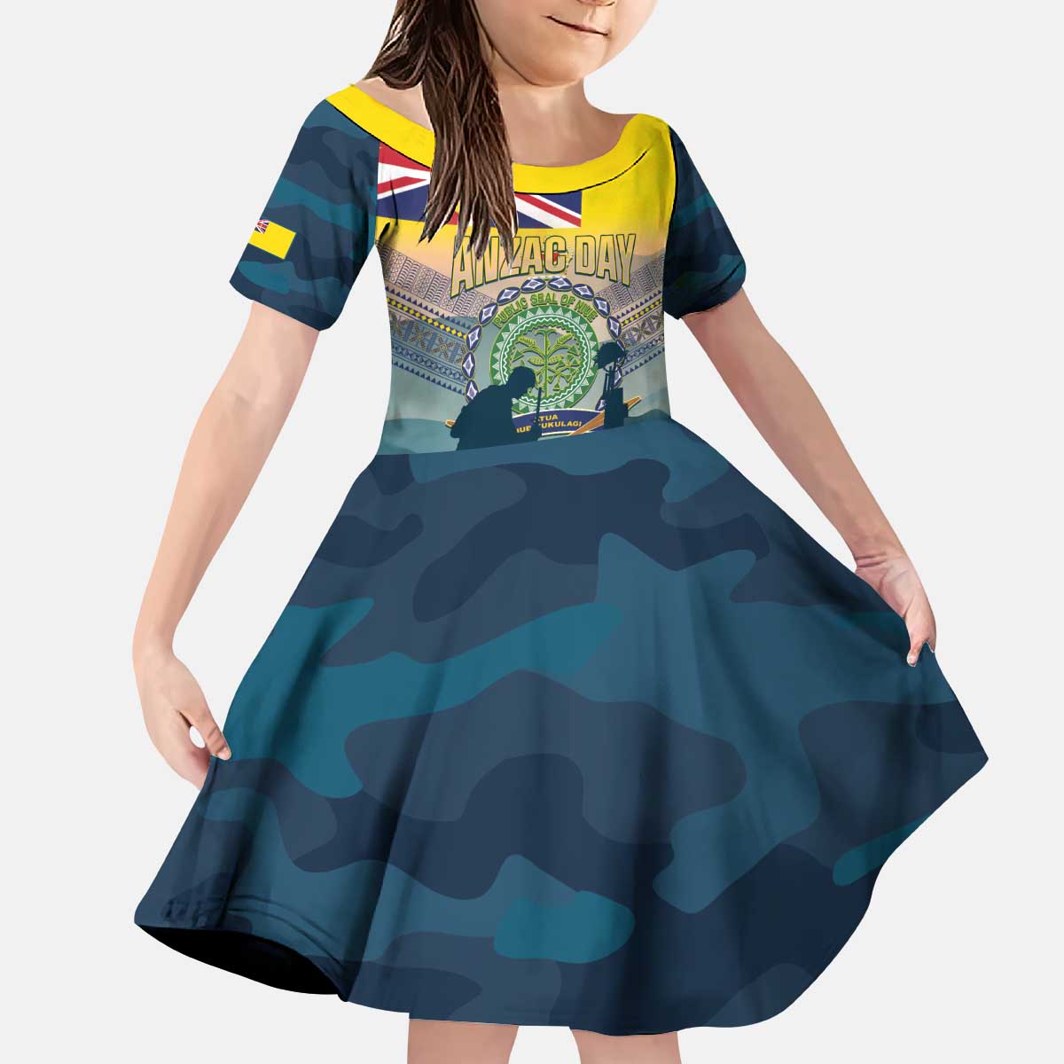 Niue ANZAC Day Kid Short Sleeve Dress We Will Remember Them Camouflage Style