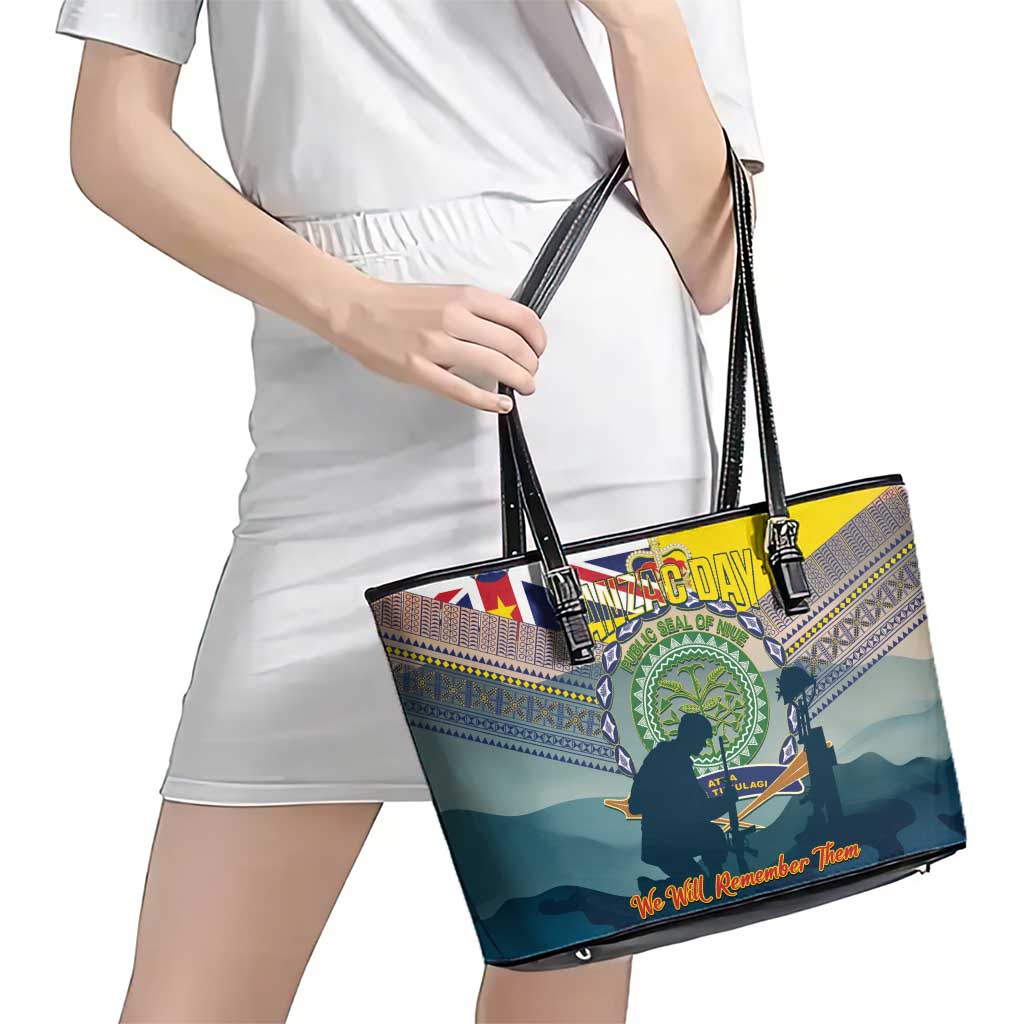 Niue ANZAC Day Leather Tote Bag We Will Remember Them Camouflage Style