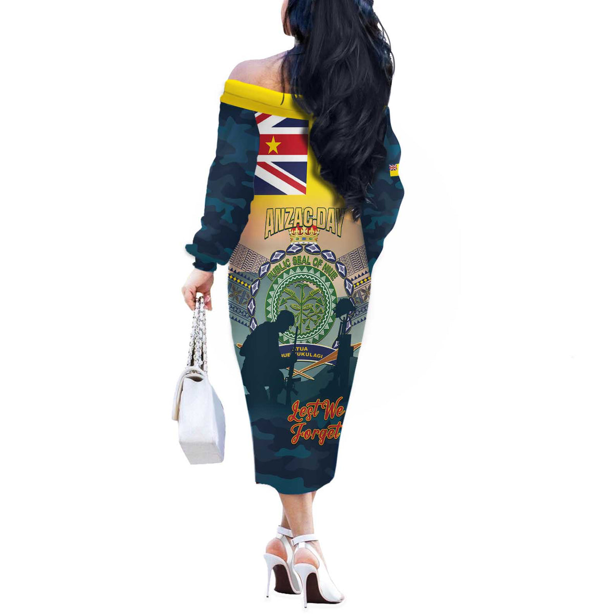 Niue ANZAC Day Off The Shoulder Long Sleeve Dress We Will Remember Them Camouflage Style