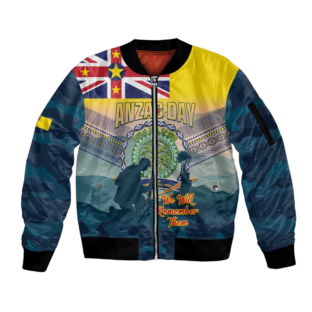 Niue ANZAC Day Sleeve Zip Bomber Jacket We Will Remember Them Camouflage Style