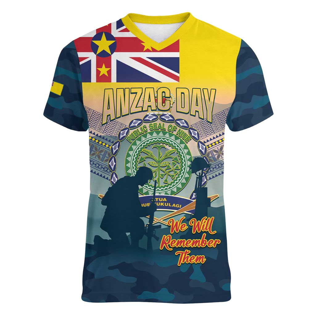 Niue ANZAC Day Women V-Neck T-Shirt We Will Remember Them Camouflage Style