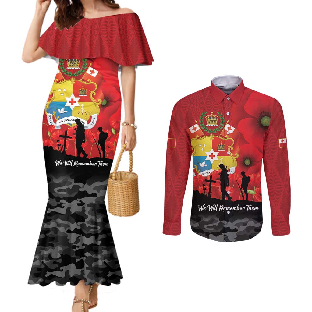 Tonga ANZAC Day Couples Matching Mermaid Dress and Long Sleeve Button Shirt Ngatu Pattern We Will Remember Them
