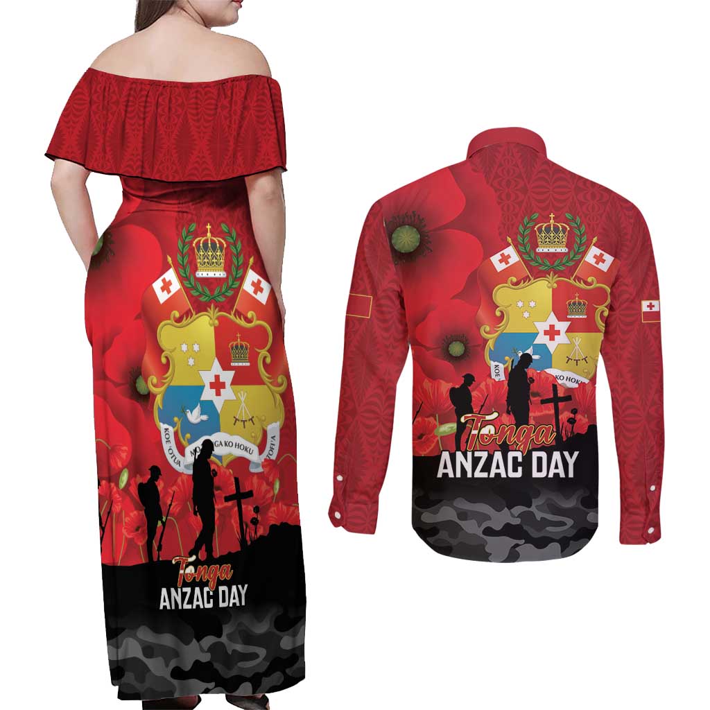 Tonga ANZAC Day Couples Matching Off Shoulder Maxi Dress and Long Sleeve Button Shirt Ngatu Pattern We Will Remember Them