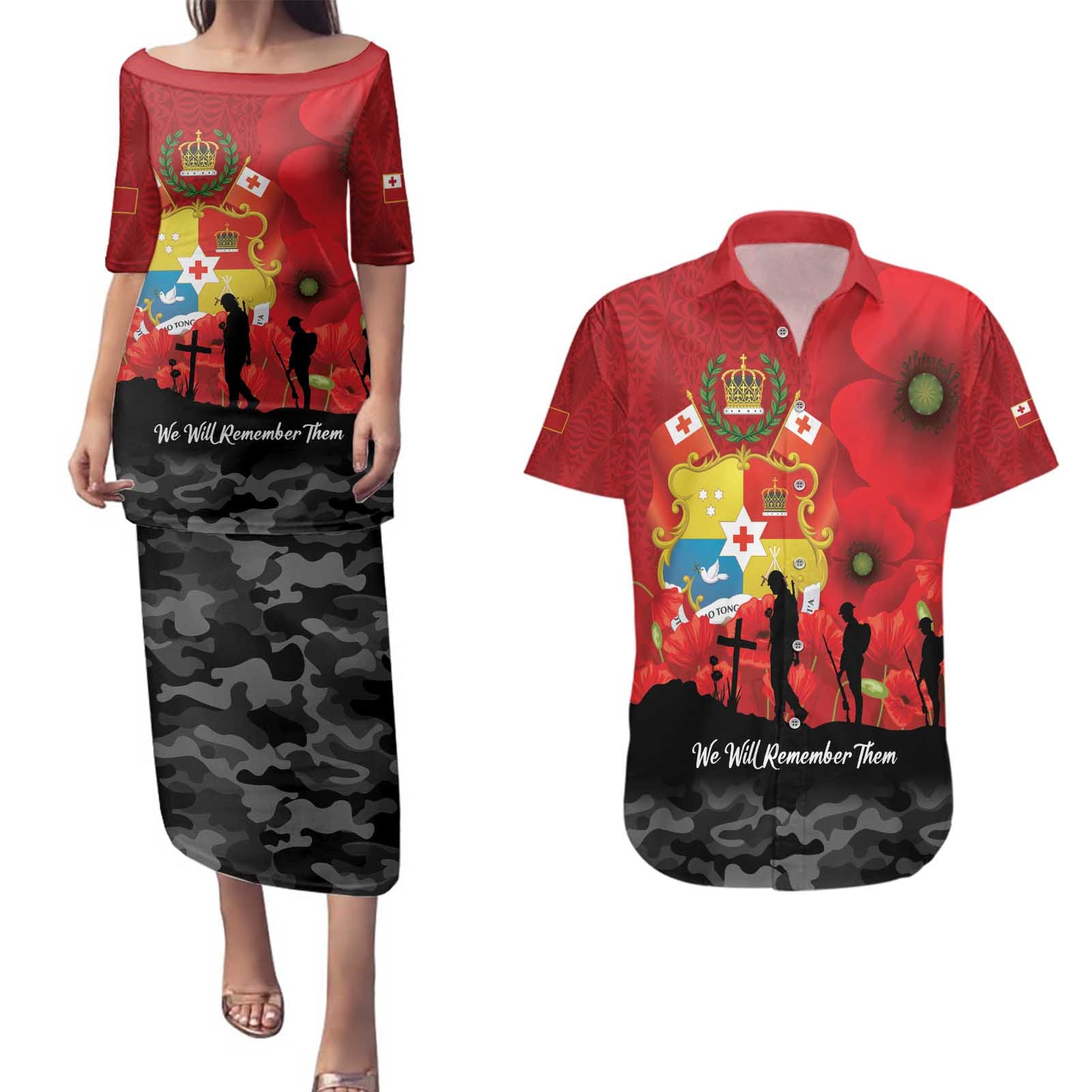Tonga ANZAC Day Couples Matching Puletasi and Hawaiian Shirt Ngatu Pattern We Will Remember Them