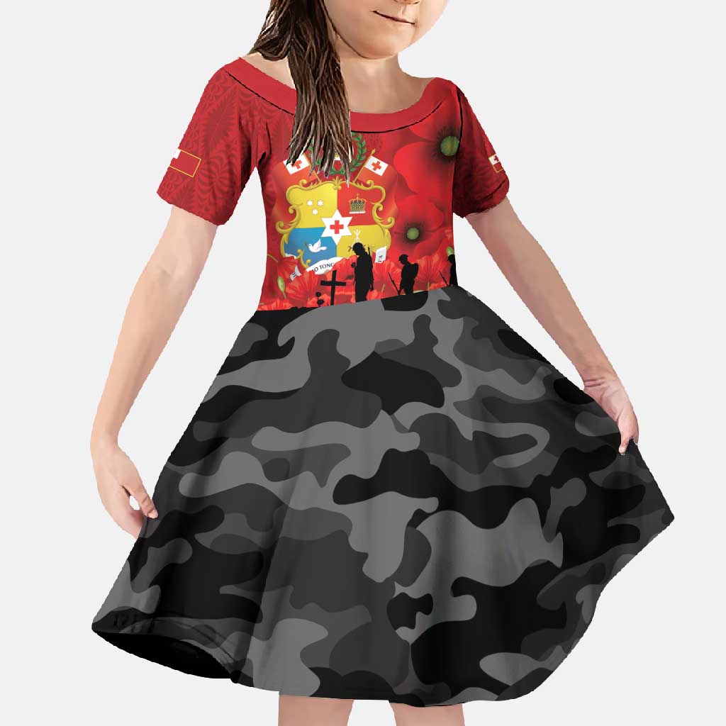 Tonga ANZAC Day Family Matching Long Sleeve Bodycon Dress and Hawaiian Shirt Ngatu Pattern We Will Remember Them LT14 Daughter's Dress Red - Polynesian Pride
