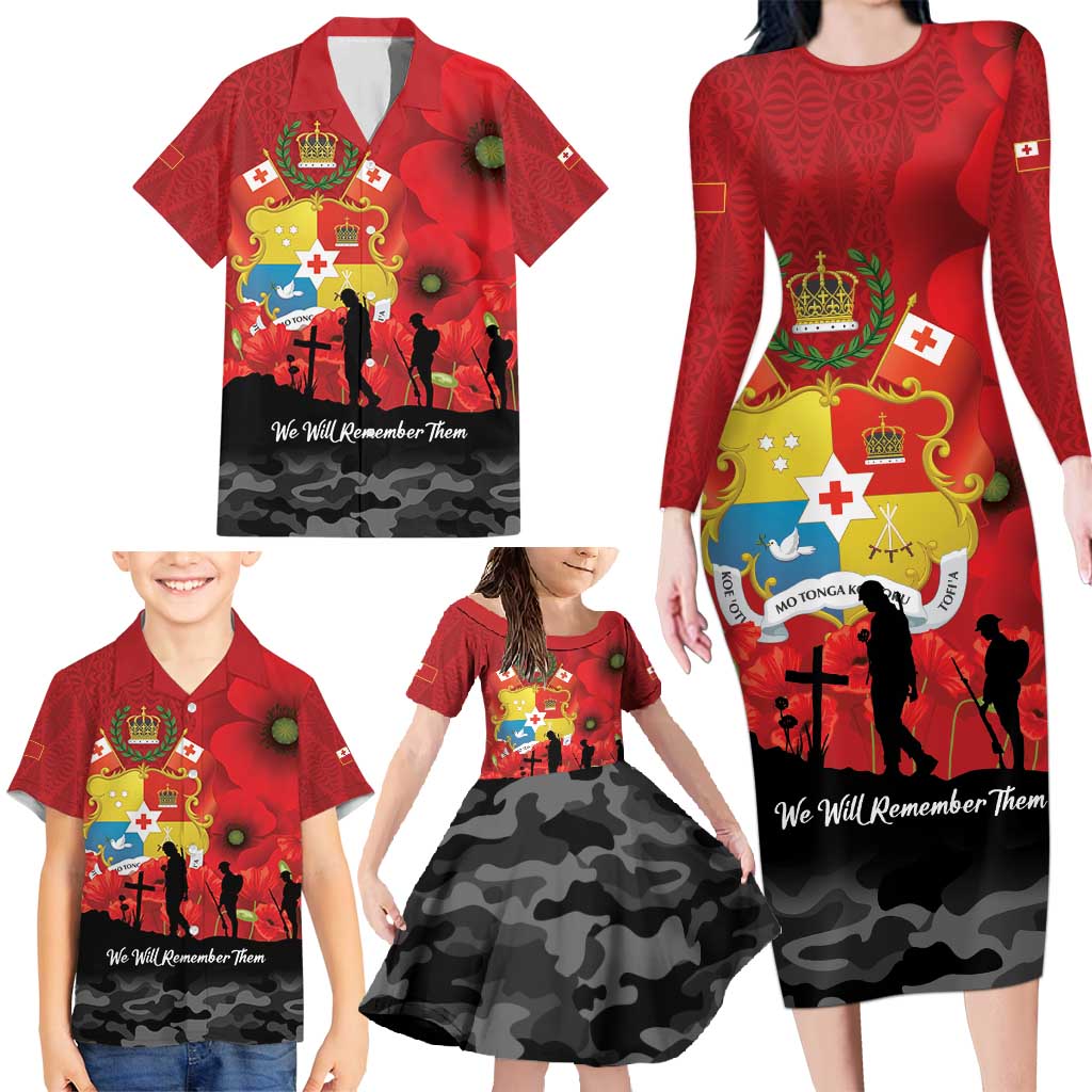 Tonga ANZAC Day Family Matching Long Sleeve Bodycon Dress and Hawaiian Shirt Ngatu Pattern We Will Remember Them LT14 - Polynesian Pride