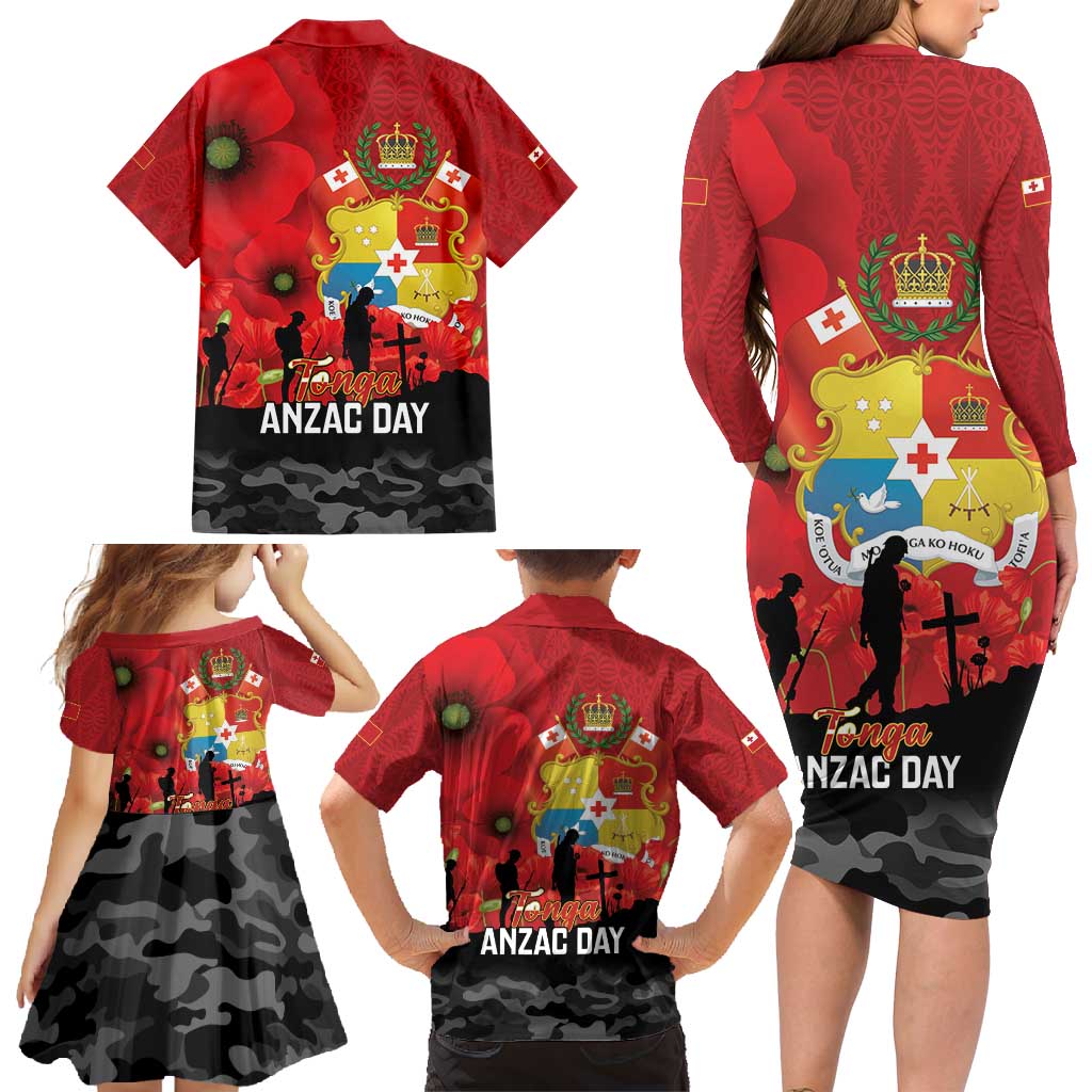 Tonga ANZAC Day Family Matching Long Sleeve Bodycon Dress and Hawaiian Shirt Ngatu Pattern We Will Remember Them LT14 - Polynesian Pride