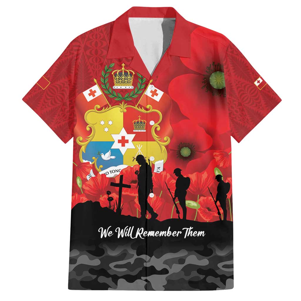 Tonga ANZAC Day Family Matching Long Sleeve Bodycon Dress and Hawaiian Shirt Ngatu Pattern We Will Remember Them LT14 Dad's Shirt - Short Sleeve Red - Polynesian Pride