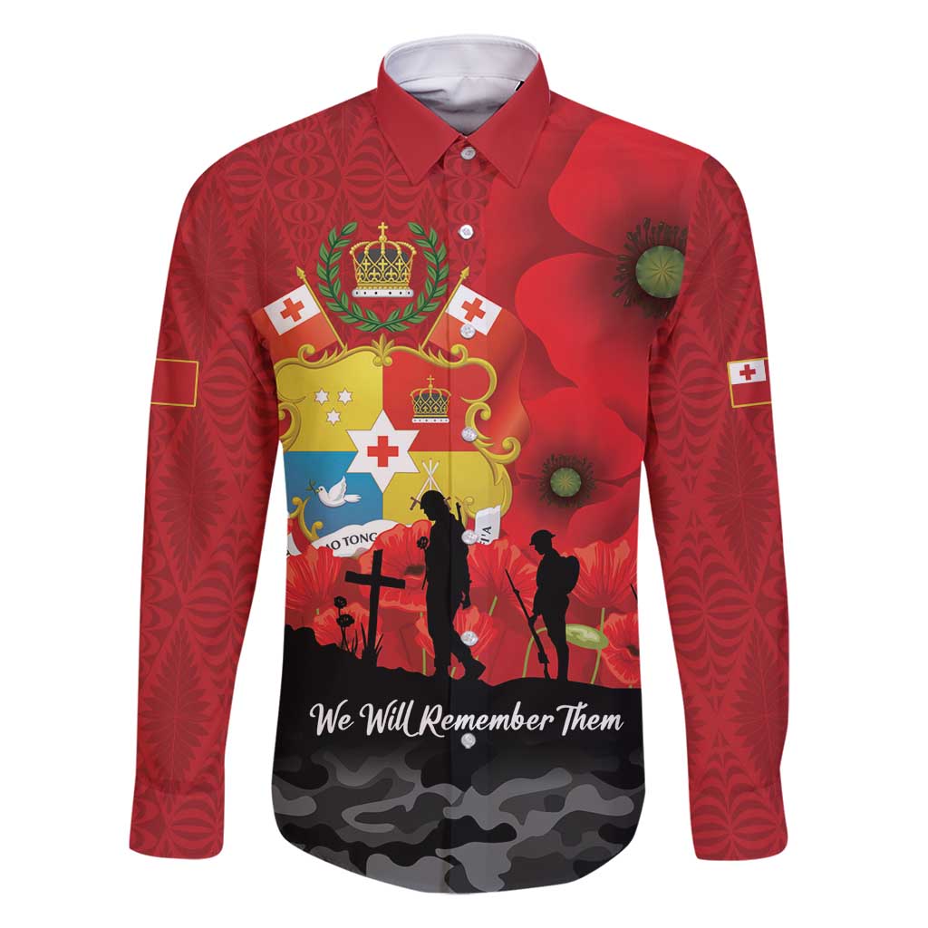 Tonga ANZAC Day Family Matching Long Sleeve Bodycon Dress and Hawaiian Shirt Ngatu Pattern We Will Remember Them LT14 Dad's Shirt - Long Sleeve Red - Polynesian Pride