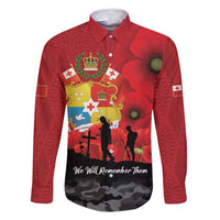 Tonga ANZAC Day Family Matching Long Sleeve Bodycon Dress and Hawaiian Shirt Ngatu Pattern We Will Remember Them LT14 Dad's Shirt - Long Sleeve Red - Polynesian Pride