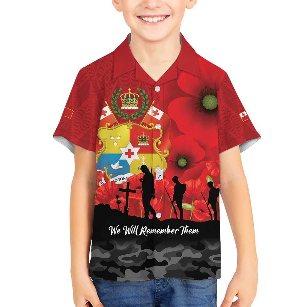 Tonga ANZAC Day Family Matching Long Sleeve Bodycon Dress and Hawaiian Shirt Ngatu Pattern We Will Remember Them LT14 Son's Shirt Red - Polynesian Pride