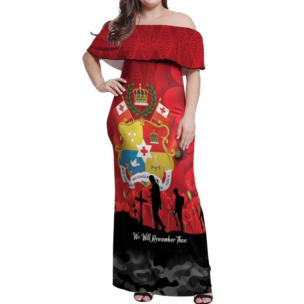 Tonga ANZAC Day Off Shoulder Maxi Dress Ngatu Pattern We Will Remember Them