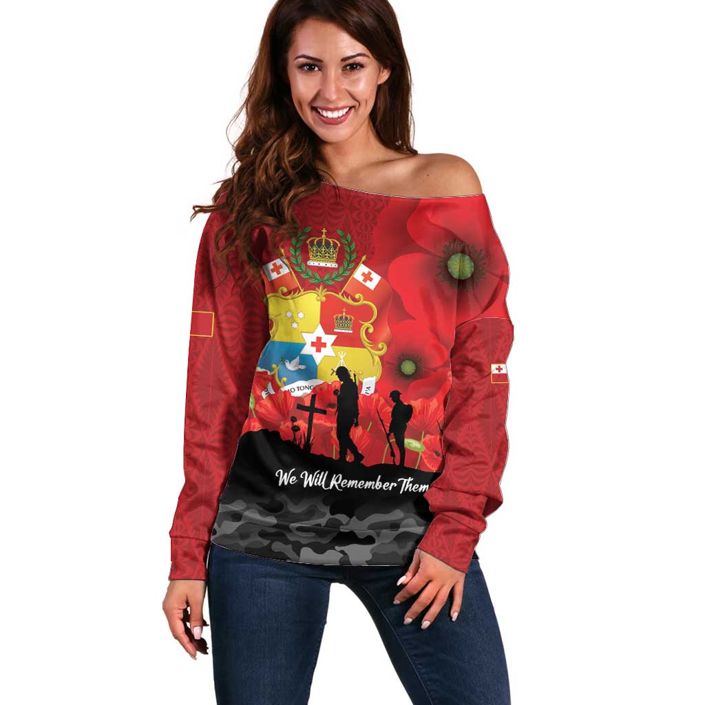 Tonga ANZAC Day Off Shoulder Sweater Ngatu Pattern We Will Remember Them