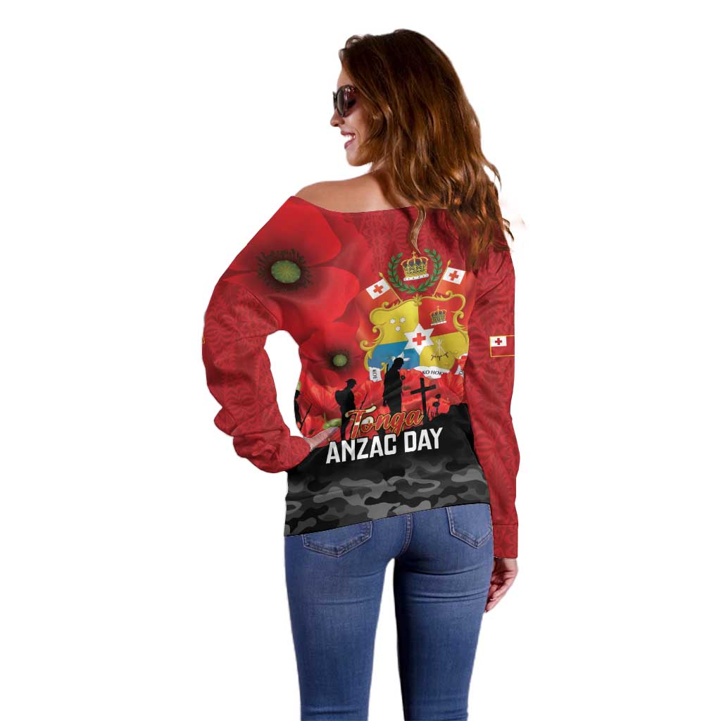 Tonga ANZAC Day Off Shoulder Sweater Ngatu Pattern We Will Remember Them