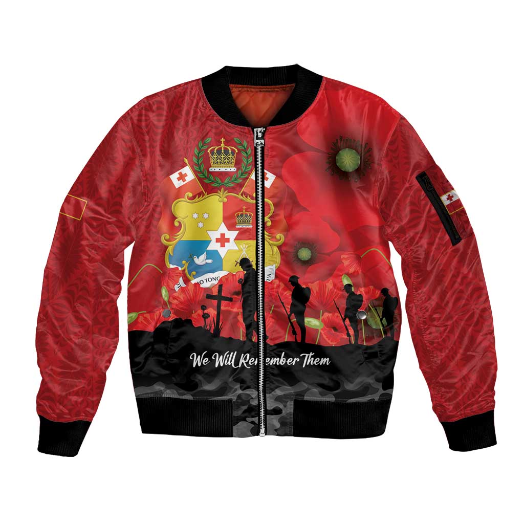 Tonga ANZAC Day Sleeve Zip Bomber Jacket Ngatu Pattern We Will Remember Them