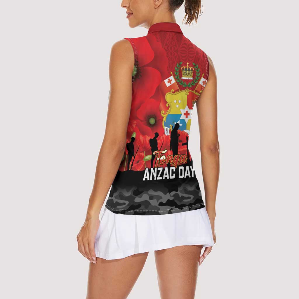 Tonga ANZAC Day Women Sleeveless Polo Shirt Ngatu Pattern We Will Remember Them
