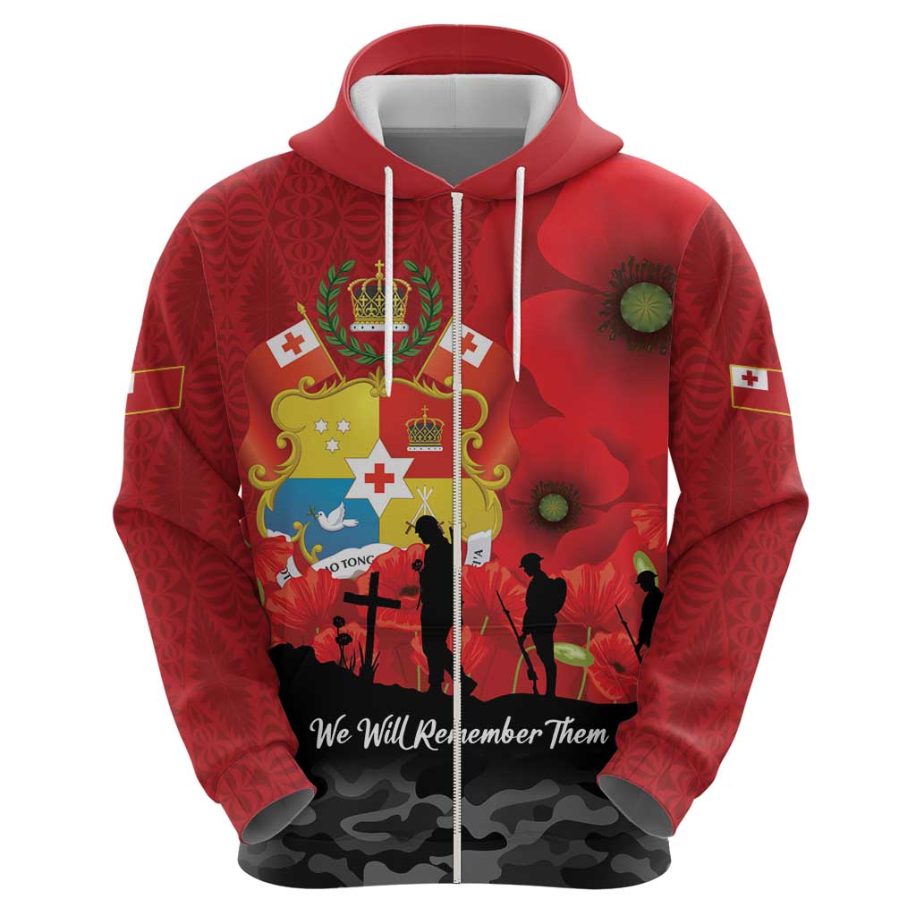 Tonga ANZAC Day Zip Hoodie Ngatu Pattern We Will Remember Them