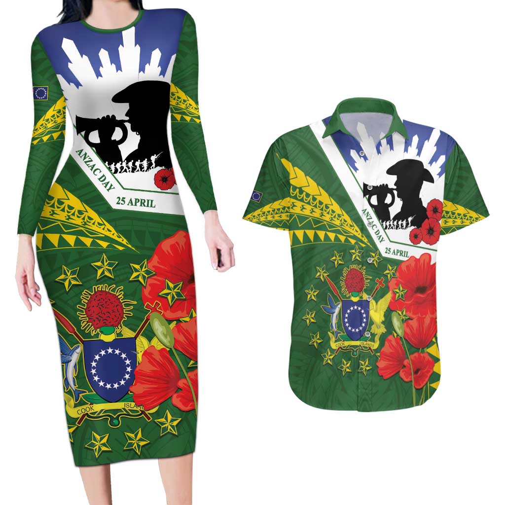 Cook Islands ANZAC Day Couples Matching Long Sleeve Bodycon Dress and Hawaiian Shirt Last Post Lest We Forget
