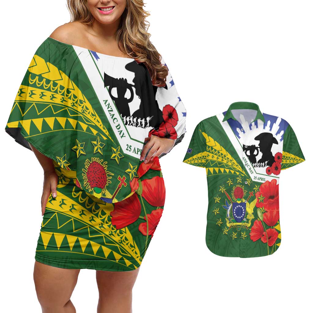 Cook Islands ANZAC Day Couples Matching Off Shoulder Short Dress and Hawaiian Shirt Last Post Lest We Forget