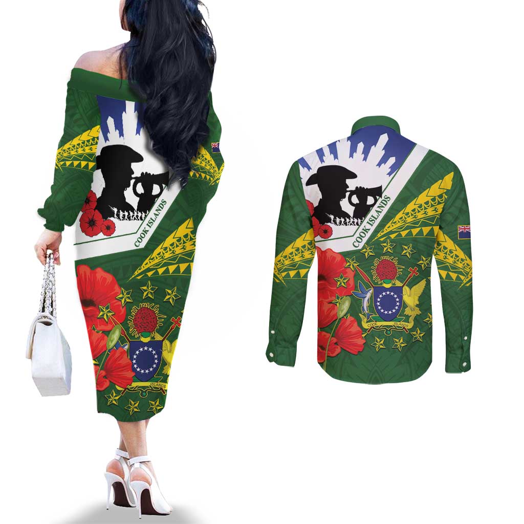 Cook Islands ANZAC Day Couples Matching Off The Shoulder Long Sleeve Dress and Long Sleeve Button Shirt Last Post Lest We Forget