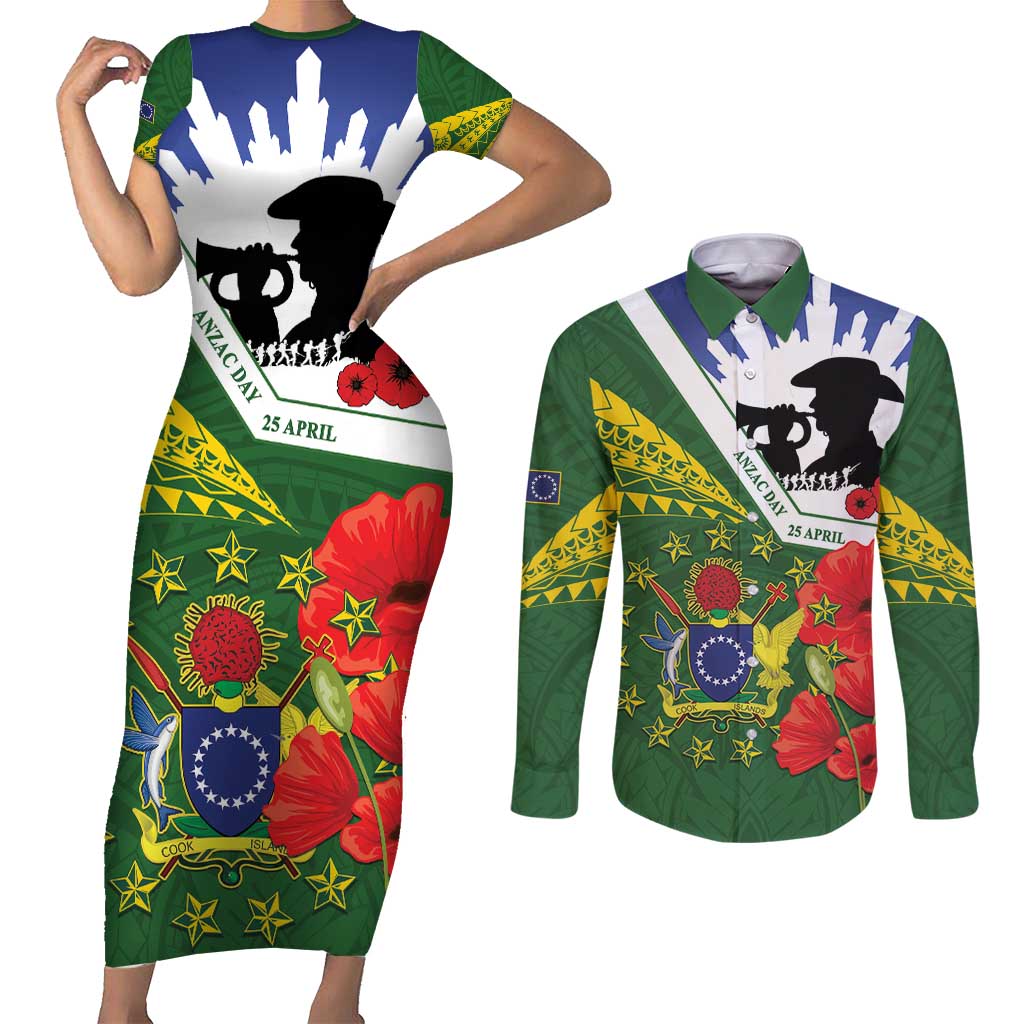 Cook Islands ANZAC Day Couples Matching Short Sleeve Bodycon Dress and Long Sleeve Button Shirt Last Post Lest We Forget