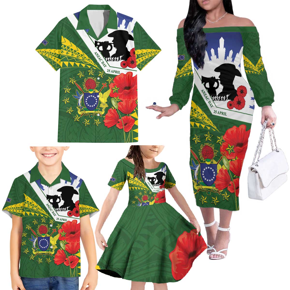 Cook Islands ANZAC Day Family Matching Off The Shoulder Long Sleeve Dress and Hawaiian Shirt Last Post Lest We Forget