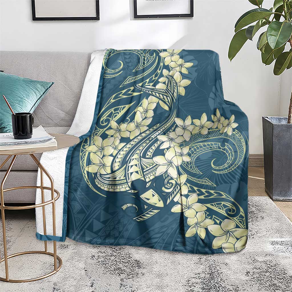 Cyan Polynesia Hammerhead Shark Tattoo With Plumeria Lei Blanket