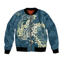 Cyan Polynesia Hammerhead Shark Tattoo With Plumeria Lei Bomber Jacket