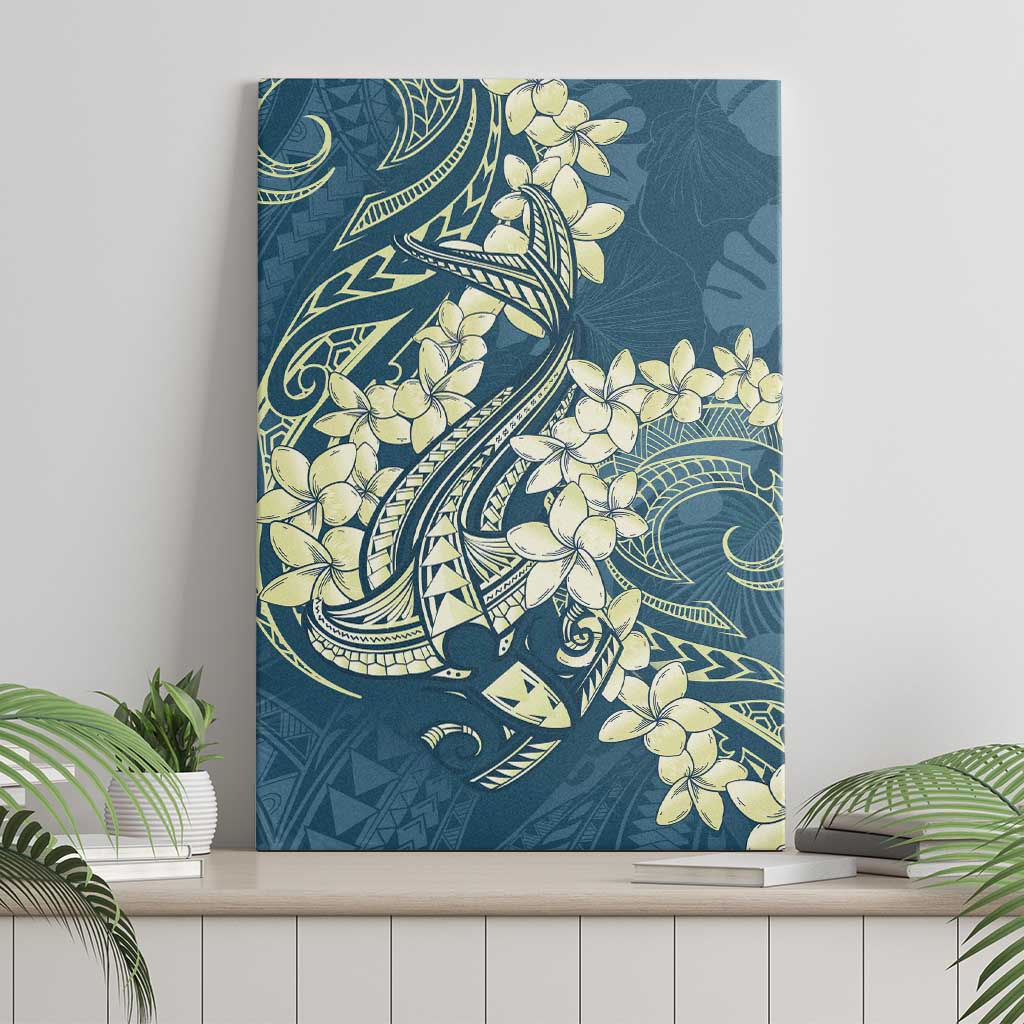 Cyan Polynesia Hammerhead Shark Tattoo With Plumeria Lei Canvas Wall Art