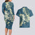 Cyan Polynesia Hammerhead Shark Tattoo With Plumeria Lei Couples Matching Long Sleeve Bodycon Dress and Hawaiian Shirt