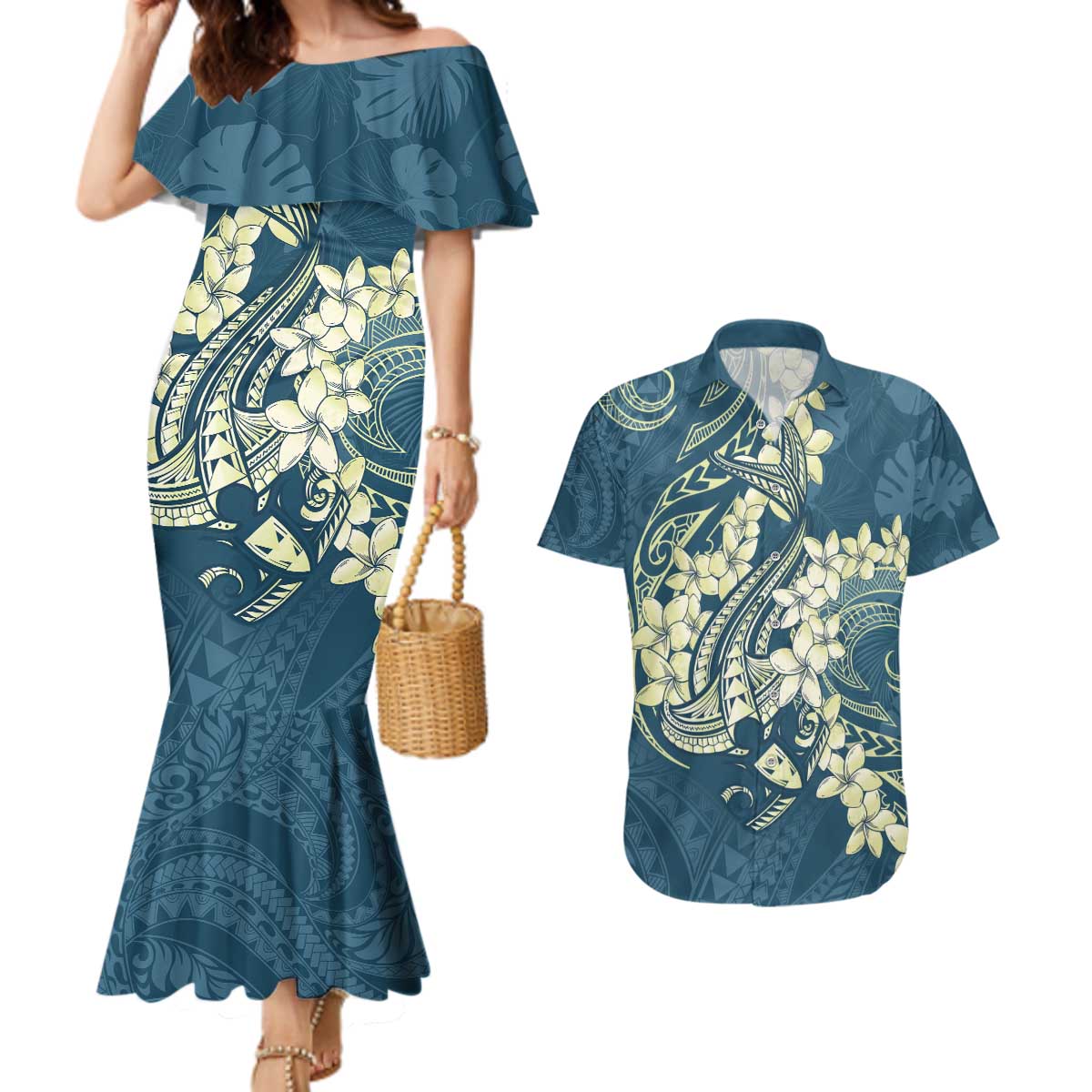 Cyan Polynesia Hammerhead Shark Tattoo With Plumeria Lei Couples Matching Mermaid Dress and Hawaiian Shirt