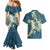Cyan Polynesia Hammerhead Shark Tattoo With Plumeria Lei Couples Matching Mermaid Dress and Hawaiian Shirt
