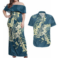 Cyan Polynesia Hammerhead Shark Tattoo With Plumeria Lei Couples Matching Off Shoulder Maxi Dress and Hawaiian Shirt LT14 Cyan - Polynesian Pride