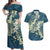 Cyan Polynesia Hammerhead Shark Tattoo With Plumeria Lei Couples Matching Off Shoulder Maxi Dress and Hawaiian Shirt