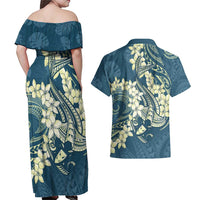 Cyan Polynesia Hammerhead Shark Tattoo With Plumeria Lei Couples Matching Off Shoulder Maxi Dress and Hawaiian Shirt LT14 - Polynesian Pride