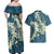 Cyan Polynesia Hammerhead Shark Tattoo With Plumeria Lei Couples Matching Off Shoulder Maxi Dress and Hawaiian Shirt