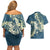 Cyan Polynesia Hammerhead Shark Tattoo With Plumeria Lei Couples Matching Off Shoulder Short Dress and Hawaiian Shirt