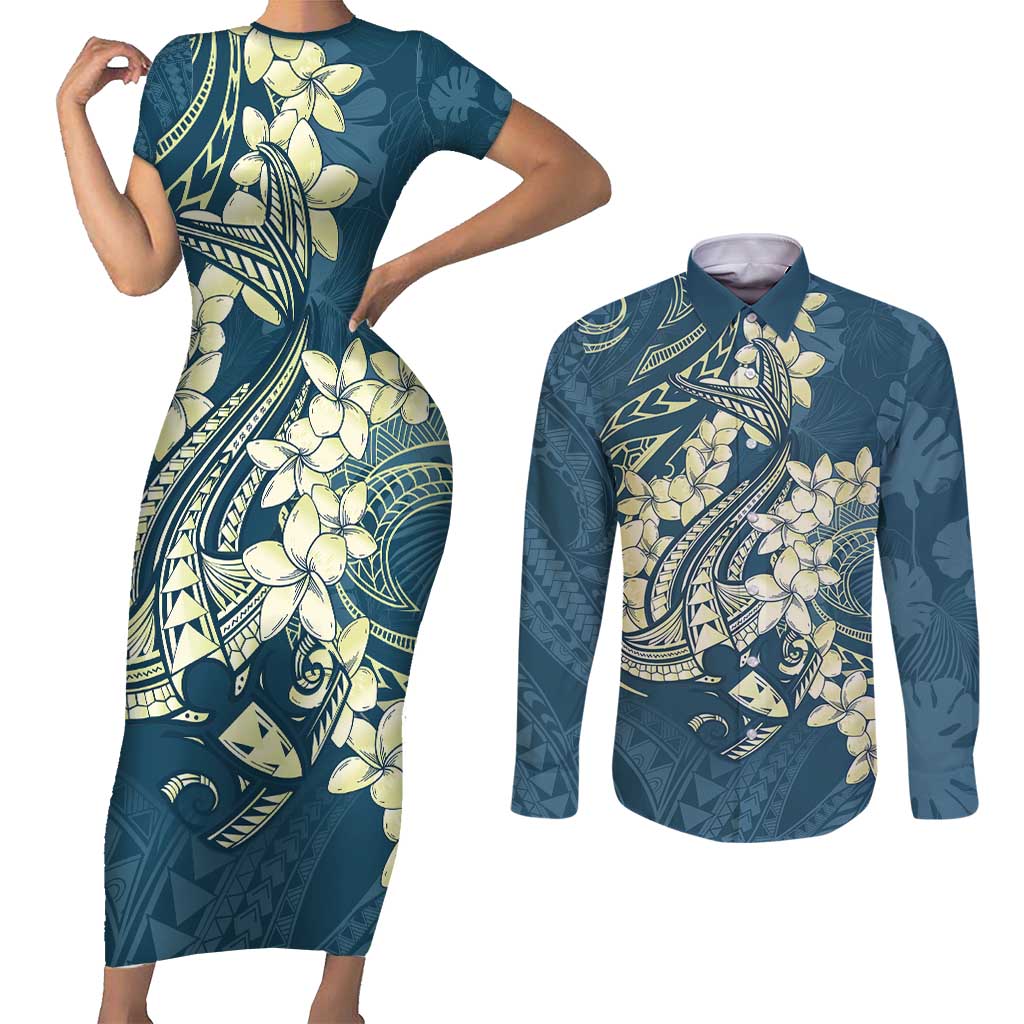 Cyan Polynesia Hammerhead Shark Tattoo With Plumeria Lei Couples Matching Short Sleeve Bodycon Dress and Long Sleeve Button Shirt LT14 Cyan - Polynesian Pride