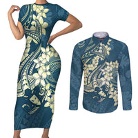 Cyan Polynesia Hammerhead Shark Tattoo With Plumeria Lei Couples Matching Short Sleeve Bodycon Dress and Long Sleeve Button Shirt LT14 Cyan - Polynesian Pride