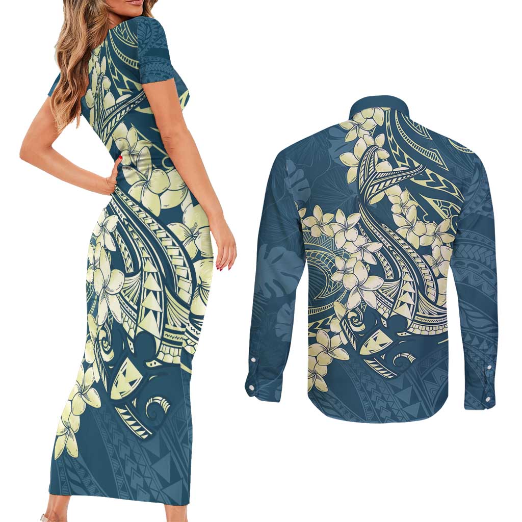 Cyan Polynesia Hammerhead Shark Tattoo With Plumeria Lei Couples Matching Short Sleeve Bodycon Dress and Long Sleeve Button Shirt LT14 - Polynesian Pride