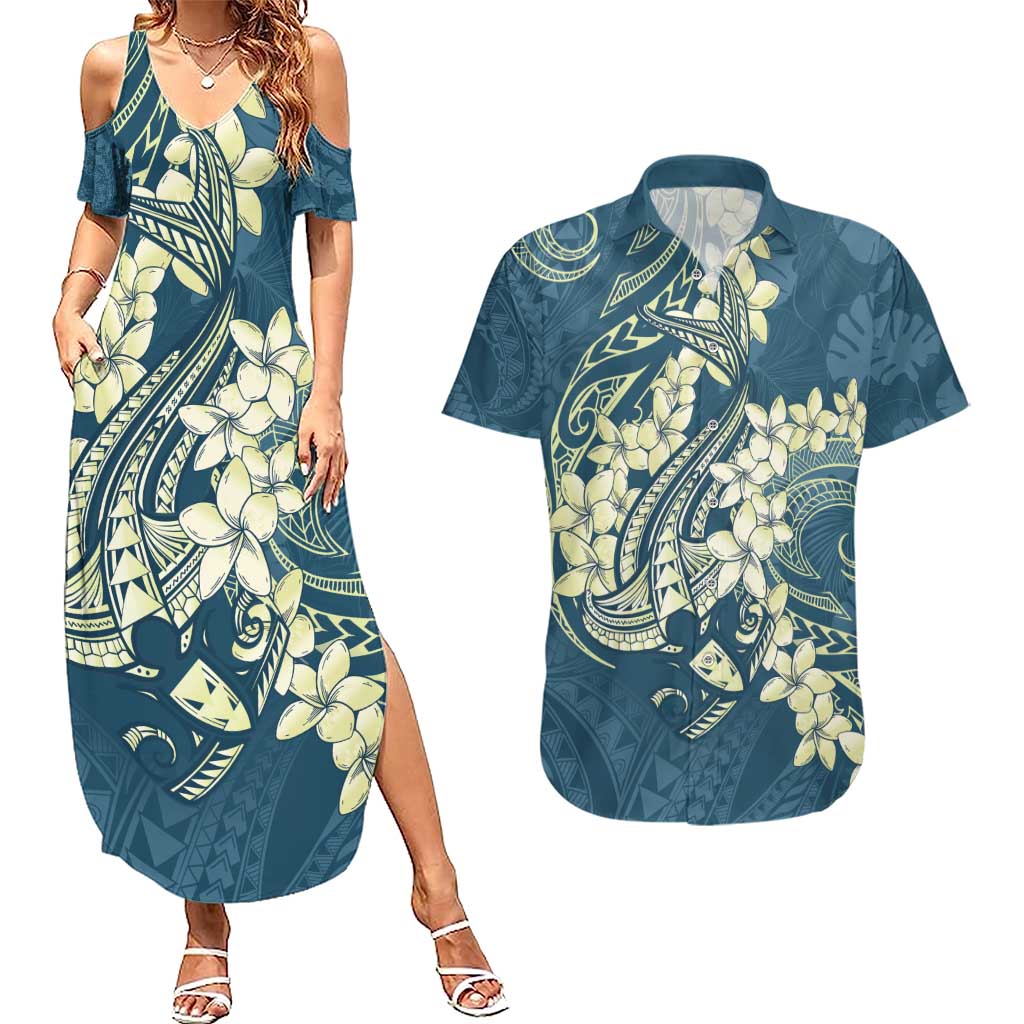 Cyan Polynesia Hammerhead Shark Tattoo With Plumeria Lei Couples Matching Summer Maxi Dress and Hawaiian Shirt LT14 Cyan - Polynesian Pride