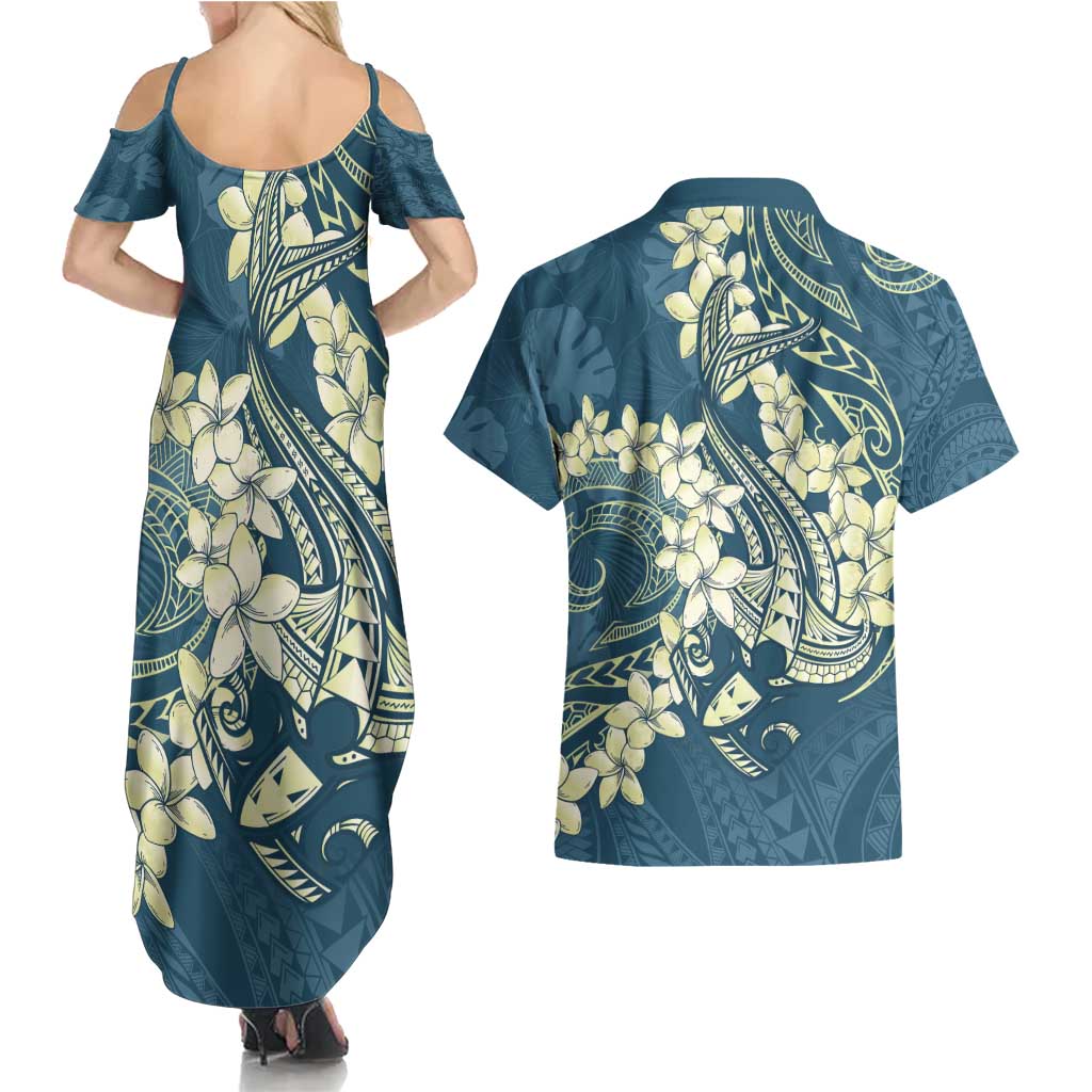 Cyan Polynesia Hammerhead Shark Tattoo With Plumeria Lei Couples Matching Summer Maxi Dress and Hawaiian Shirt LT14 - Polynesian Pride